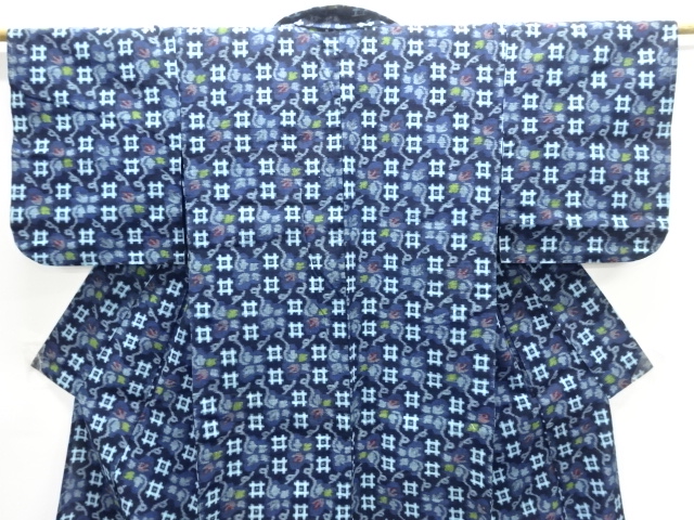  アンティーク　木綿本場久留米絣井桁に草花模様単衣着物